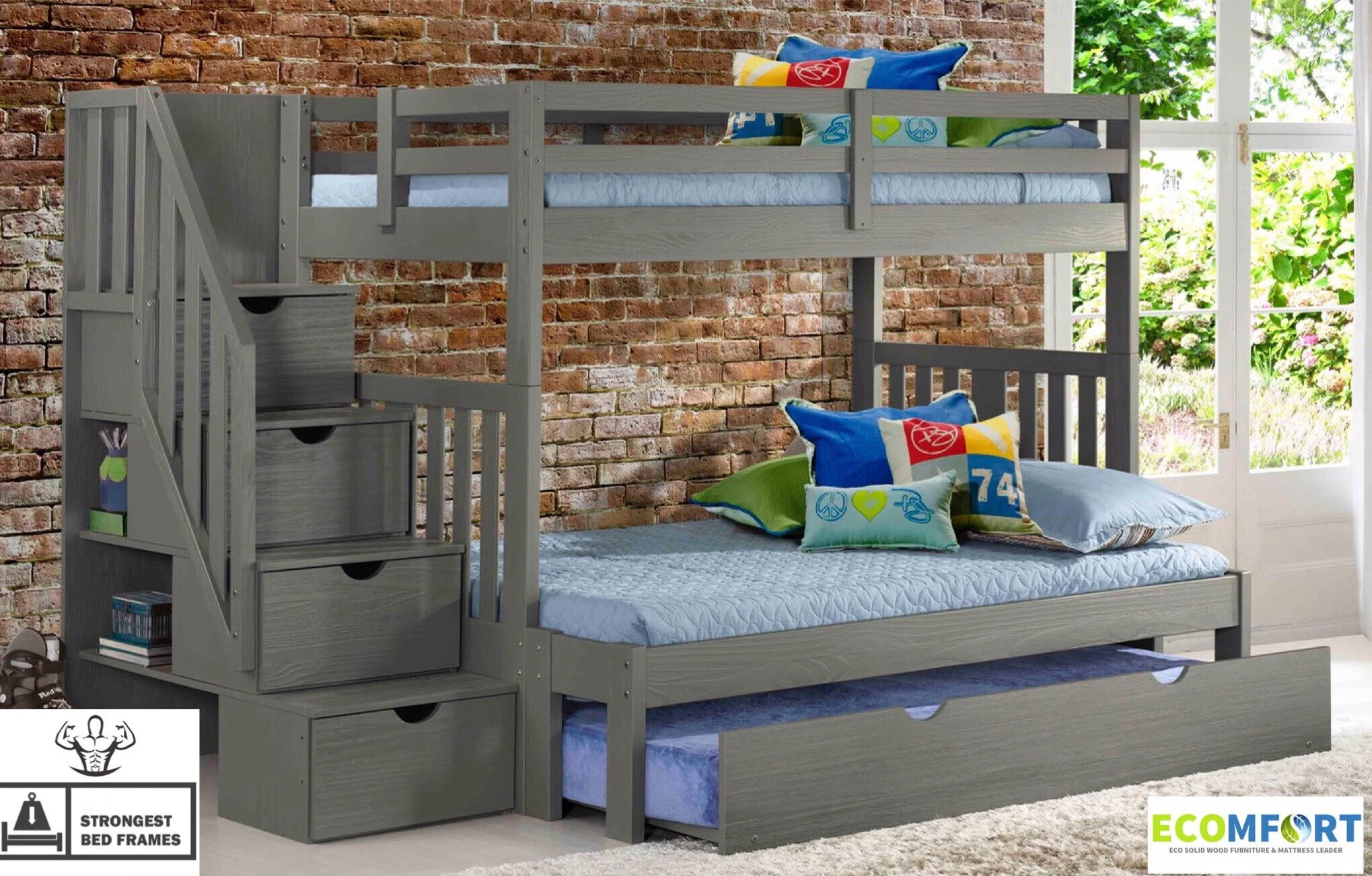 platform bedRUSTIC SOLID WOOD BUNK BED WITH STORAGE STAIRCASE
